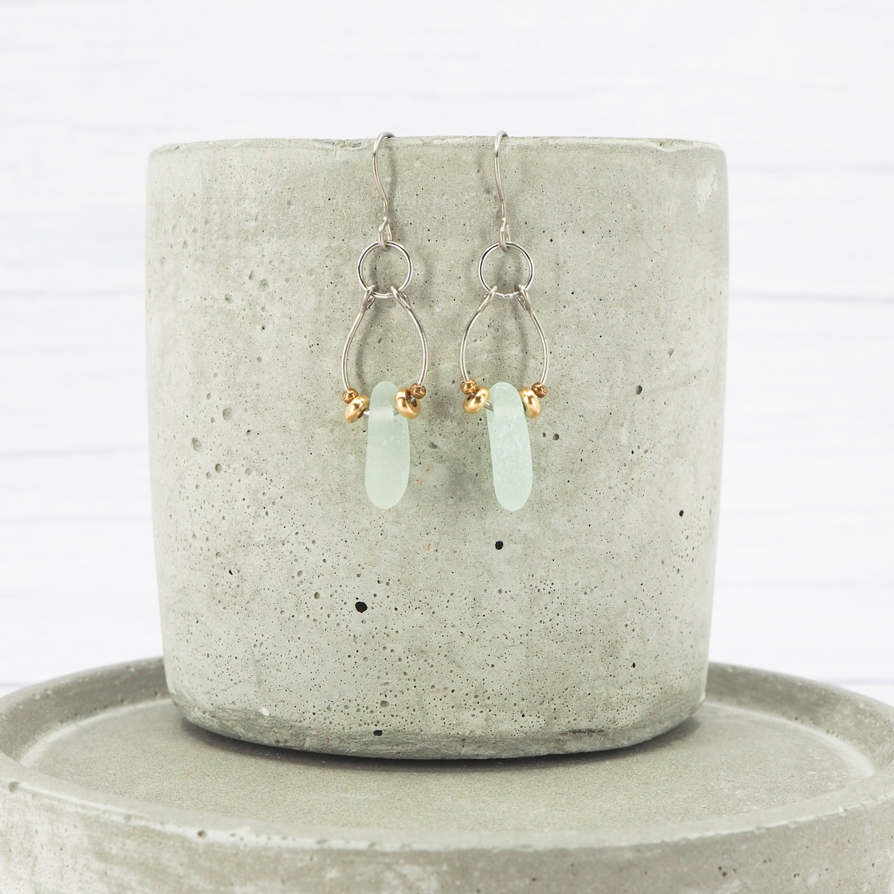 Light Blue sea glass, Brass seed beads, Titanium dangle earrings